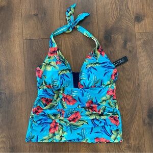 Dreamsuit Halter Tankini Top Tropical Blue Red Floral Size 14 NWT